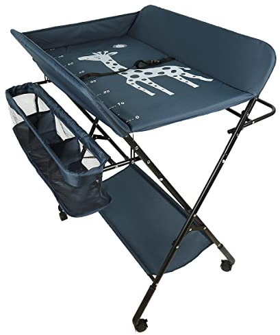 Table à langer pliante, table à langer avec panier de rangement, ceinture de sécurité et 4 roues avec frein, réglable en hauteur 74 x 63 x 92-98 cm (A/Bleu marine)