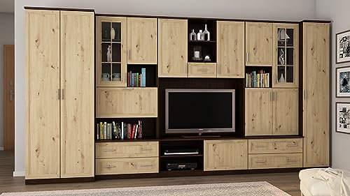 e-Meblast Wohnwand CYKLON - Schrankwand - Vitrinen - Hängeschrank - Wohnzimmer - Klassisches Design - Elegant Möbel - Wohnzimmerschränke - BxHxT 400x210x53-4 Schränke - TV-Lowboard - Anbauwand