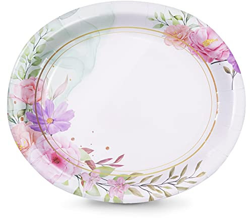 Tyzarglef 50 Count Floral Oval Paper Plates, 10 x 12.5 Large Disposable Dinner Serving Platters Heavy Duty, for Wedding, Bridal/Baby Showers, Floral Party Supplies