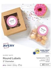Avery Glossy White Labels, Sure Feed Technology, 3 Round Labels, Print-to-The-Edge, Laser/Inkjet, 60 Total (22891)