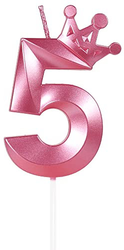 Yiran Pink 5th Birthday Candles with Crown, 3inch Giant Number 5 Candle, 5th Birthday Candle for Cake, Happy Birthday Candle, Cake Candles Cake Topper Decorations for Girls Birthday Party Supplies