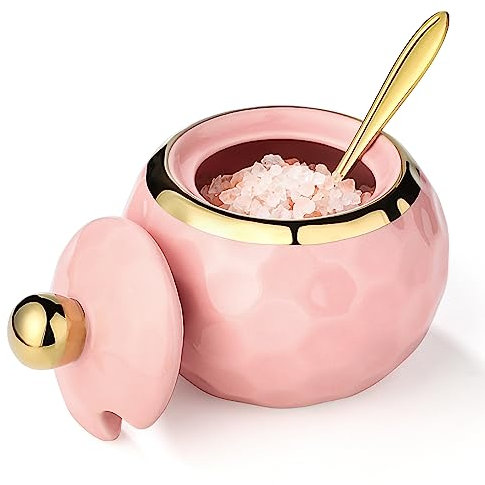 10oz Ceramic Sugar Bowl, Golf Design Porcelain Salt Bowl Salt Container Sugar Bowl with Lid and Spoon for Home and Kitchen Coffee Bar (Pink)