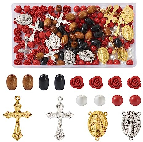 Pandahall Kit de 180 Perles de Cinabre en Forme de Rose en Bois Naturel Avec Pendentifs en Forme de Croix, Liens de Style Tibétain pour Fabrication de Bracelets