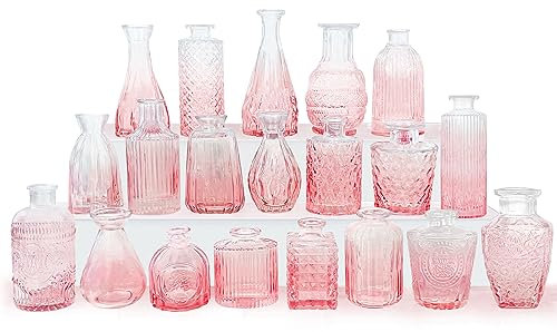 Lot de 20 vases roses en verre – Mini vases vintage pour décoration de mariage, décoration de table de maison, petits vases en verre sculpté pour centres de table