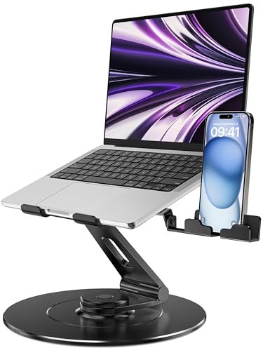 LOXP Adjustable 10-17.3 Laptop Stand for Desk with 360 Swivel Larger Base & Rotating Phone Holder, Aluminum Computer Stand for Laptops, Ergonomic Laptop Riser Fits MacBook, HP, Dell, All Laptops