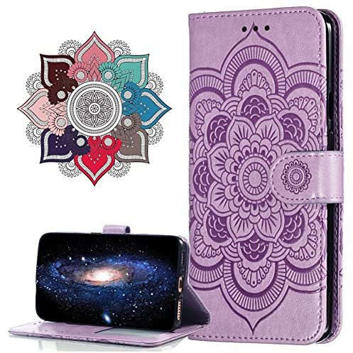 IMIRST Flip Case for iPhone 14 Plus PU Leather Wallet Closure Embossed Shockproof Cover with Kickstand Card Slots Holder for Apple iPhone 14 Plus. LD Mandala Purple