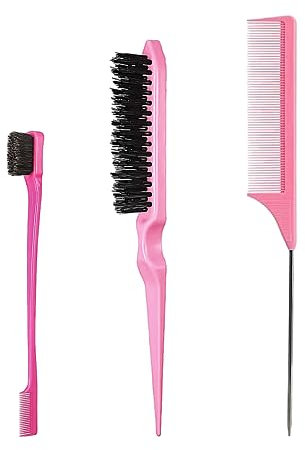Lmyzcbzl Hair Styling Comb Set, 3 Pieces Hair Brush, Teasing Comb, Double Sided Hair Edge Brush, Rat Tail Comb, Plastic Bristle Hair Brush, for Hair Slicking