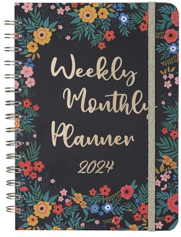 JIANTA Kalender 2024 Terminplaner A5 2024 Wochenplaner, 2024 Buchkalender Ringbuch A5-Planer mit Monatsregistern von Januar bis Dezember Tagebuch, Wöchentlich Monatlich Planer Blumen Schwarz