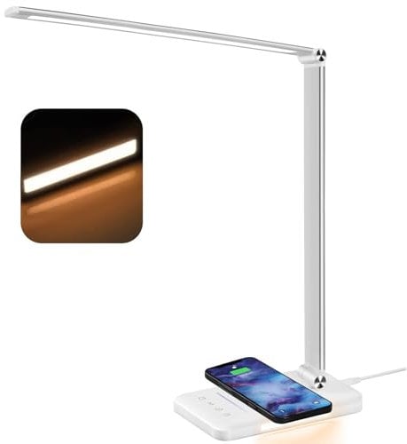 BIENSER Schreibtischlampe LED mit 10W Wireless Charging, USB Ladefunktion, 600LM Bürolampe Tischlampe mit 10 Helligkeits X 5 Farbstufen Dimmbar, Nachtlicht, Memory-Funktion, Auto Timer, 6000K, 24W