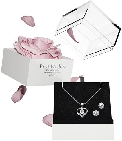 gomey® | Ewige Echte Rose mit Herz Halskette aus 925 Sterlingsilber, Ohrringe, Ewige Rose im Glas, Rosenbox, Weihnachten, Valentinstag, Jahrestag, Schmuckset, Geschenk für Frauen Freundin