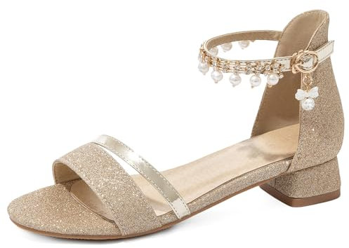 OALEEN Sandales Nu-pieds Femme Eté Petit Talon Carré Bride Cheville Paillettes Perles Chaussures Soirée Mariage Dorée 43