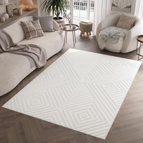 TAPISO Hygge Teppich Kurzflor Creme Weiß Rauten Viereck Kreise 3D Teppich Wohnzimmer Schlafzimmer ÖKOTEX 300 x 400 cm