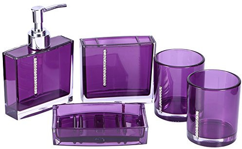 Lila Badezimmer-Accessoires, 5-teiliges Lila Acryl-Badezimmer-Set mit Seifenschale, Spender, Zahnbürstenhalter, Becher für Zuhause, Hotel