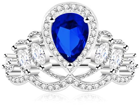 Uloveido Eleganter birnenförmiger Zirkonia-Prinzessinnenkronen-Tiara-Ring, Verlobungsring für Damen, silberfarben, Tropfenform, Cocktail-Ring, Statement-Ring, verstellbar, Adjustable, Kristall, kein