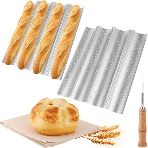 SHUESS 2er Baguette Backblech Antihaft mit Teigtuch und Brotmesser – Baguette Backform aus Carbonstahl für 4 Baguettes je Form – Baguetteform Brotbackform Baguetteblech Backzubehör Baguette Blech