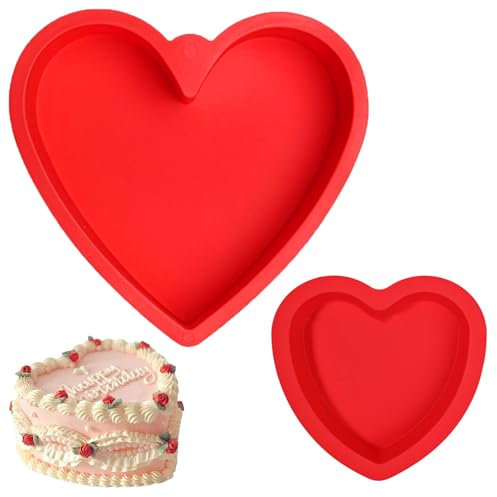 2PCS Silicone Heart Shaped Cake Tin,10in,Love Heart Cake Tins,Cake Pan Silicone Baking Mold,Reusable,Nonstick Cheesecake Molds,for Anniversary Birthday Cake,Tart,Loaf,Brownie,Pie,Flan,Bread,Red
