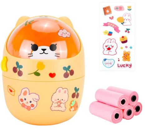 IBEQUEM Mini Trash Can, Cute Small Trash Can with Lid, Desktop Paper Bin with 5 Rolls of Bin Liners, Portable Tabletop Dustbin, Cartoon Rubbish Storage for Office Bedroom Desk Car Kitchen (Orange)