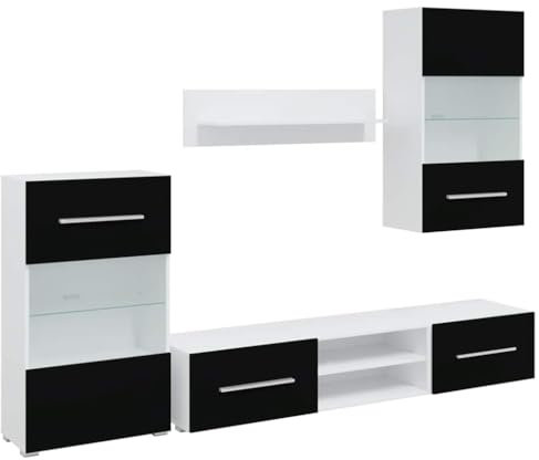 vidaXL 5-TLG. Wohnwand mit LED-Beleuchtung Mattschwarz Holzwerkstoff, TV-Möbel, Medienwand, Medienschrank, Schrankwand, Anbauwand, Entertainment-Möbel
