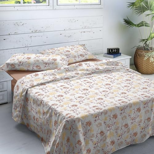 NATURALS - Juego de Sábanas Estampada Cama 135-100% Algodón Franela - Incluye Sábana Encimera + Sábana Bajera + Funda de Almohada - Extra Suave, Transpirable - Garden