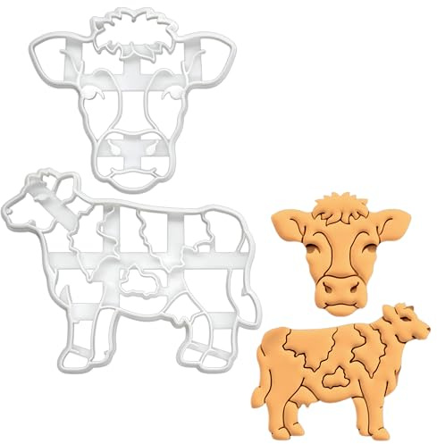 BAKERLOGY Set of 2 Dairy Cow Cookie Cutters- Bake Farm Animal Cookies, Detailed Biscuit Cutter Design for Baking and Crafts, Ideal on Fondant, Dough, Clay