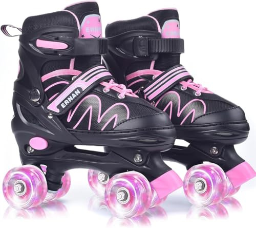 ERNAN Patins à roulettes réglables pour enfants - LED - Pour adolescents et débutants - 4 tailles réglables - Pour filles, garçons et débutants (rose, taille M)