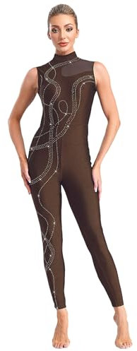 Eandarui Ganzkörper Gymnastikanzug Damen Tanzanzug Strass Glitzer Sport Overall Ärmellos Jumpsuit Cut Out Dancewear Braun M