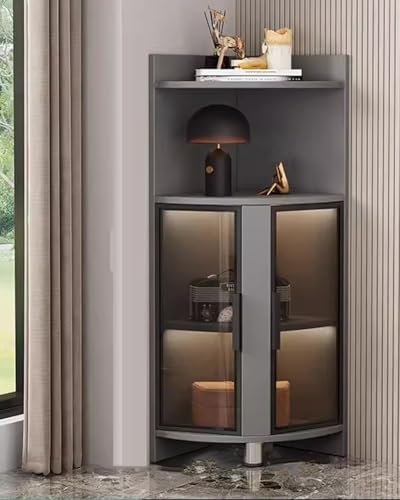 Eckvitrine aus Glas mit LED-Lichtern, freistehend, Curio-Regal für Schlafzimmer und Büro, 120 cm Höhe, Grau und Schwarz