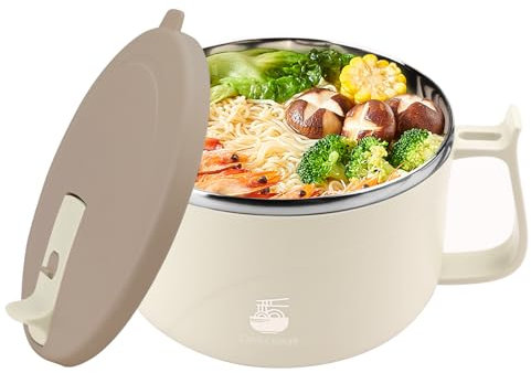 43.9 Oz 1300 ML Microwave Noodle Bowl with Lid & Handle, Stainless Steel Liner Soup Bowls Microwavable, Travel Instant Soup Mugs Container for Home Office Dorm Room College (Beige)