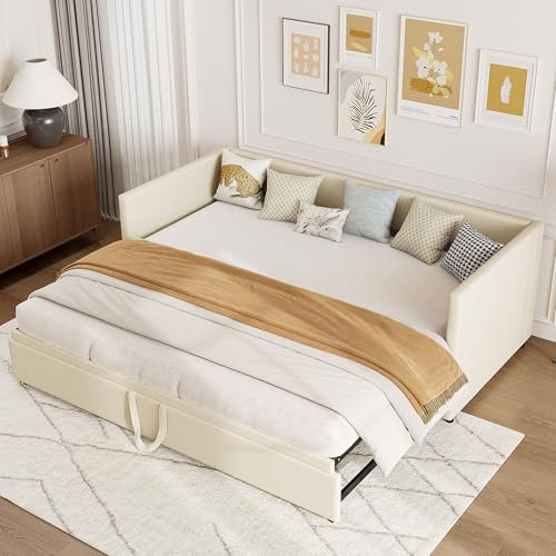 DAHUEN Schlafsofa 90/180 x 200 cm, 2-Sitzer-Sofa, ausklappbar, mit Ausziehbett, Bett mit Lattenrost, Velours, Beige, Matratze nicht im Lieferumfang enthalten (beige)