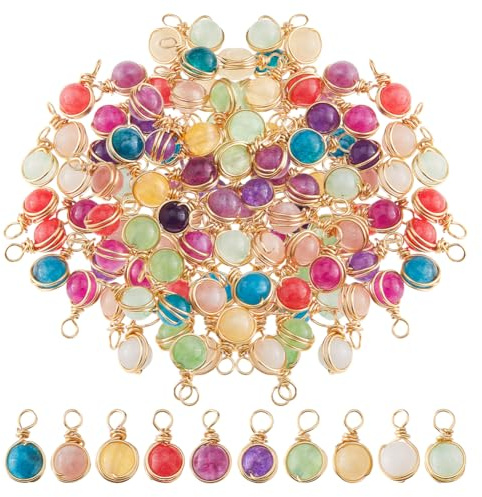 SUPERFINDINGS 60 Stück 10 Farben Naturstein Anhänger Runde Anhänger Quarzkristall Stein Charms Perlen Charms Mit Gold Kupferdraht Umwickelte Anhängers Für Halsketten Ohrringe Schmuckherstellung