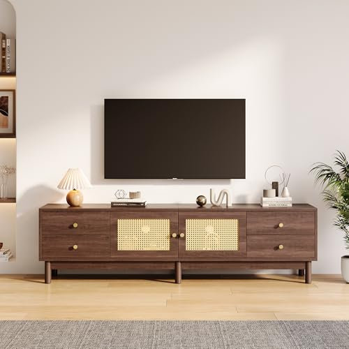Mueble para TV de 180 cm de largo, efecto madera oscura, con dos puertas de ratán, cuatro cajones, gestión de cables y bisagras hidráulicas, apto para televisores de hasta 80 pulgadas
