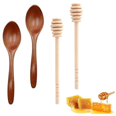 Rakiuty Cucharas de Miel de Madera,Utensilios de Cocina para Dispensar Miel,Agitadores de Miel para Tarros,Varilla Agitadora de Jarabe de Café,Agitadores de Miel para Levantar Miel,4PCS