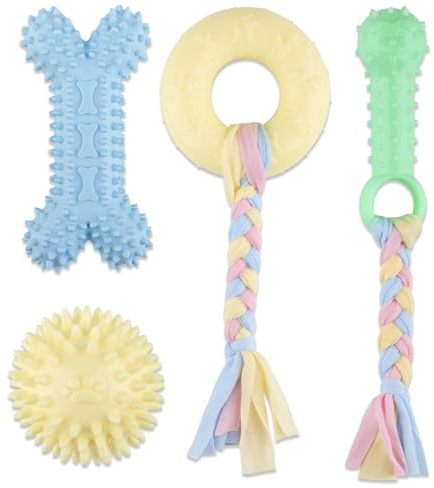 ktxaby 4 Stück Welpenspielzeug Set mit Baumwollseilen,Interaktives Gummi Kauspielzeug für kleine Hunde, Zahnungsspielzeug zur Zahnreinigung und Angstlinderung, Robustes Hundespielzeug für Welpen