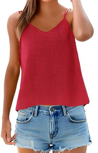 Cocila Camisola de verano para mujer, algod贸n y lino, con cuello en V tirantes finos, estilo sexy moderno Polos De Mujer Top Satinado Con Lazo Camiseta Naranja Verano Strappy Tops For Women Uk