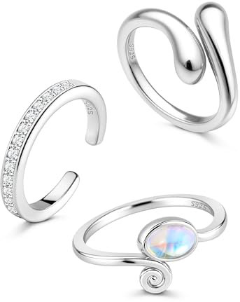 FANCH 3PCS Silber Zehenringe für Damen Hypoallergene Verstellbarer Band Tail Offene Minimalistische Träne Zirkon Mondstein Zehenringe Sommer Strand Fuß Schmuck Set Silber