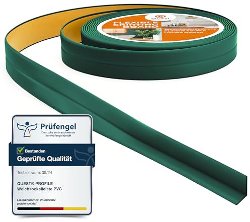 Quest Battiscopa Morbido Adesivo - 10 mm x 10 mm - Striscia di Chiusura Nastro Sigillante Per il Bagno Per la Cucina PVC Flessibile Stretto Decorativo - (Verde, 5m)