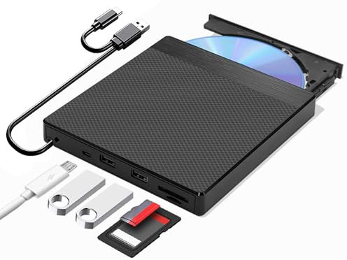 INDOTEAM External CD DVD Drive for Laptop PC – USB 3.0 & Type-C CD/DVD RW Portable DVD Player CD Player with SD TF Card Reader – CD-ROM Burner Rewriter Slim Optical DVD Disk Drive