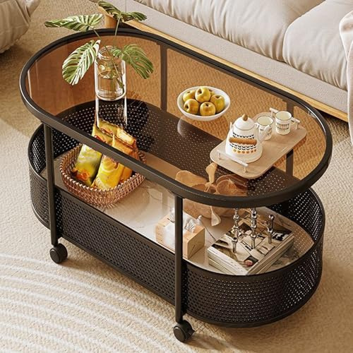 Table Basse De Salon avec Plateau Ovale en Verre Trempé De 4 Mm Et Panier De Rangement Table D'Appoint Roulante Design Moderne 50cm De Hauteur, 2 Niveaux De Stockage(Black+Brown,70 * 40 * 50cm)