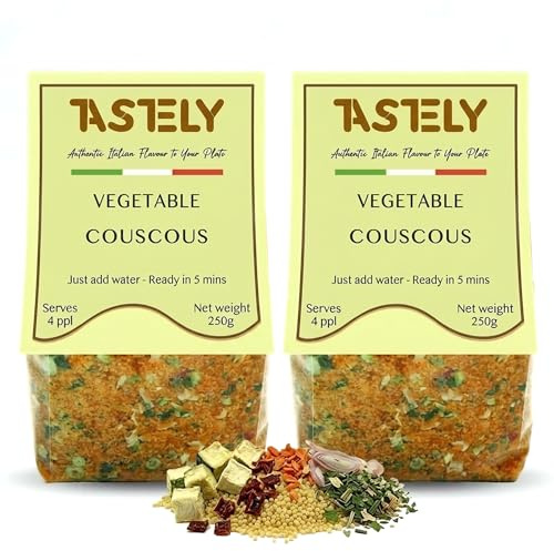 Tastely Vegetable Couscous - 250g x 2 Pack | Gluten Free Couscous with Dried Vegetables including Courgette, Pepper and Carrot | Quick vegetarian ready meal in 18 Minutes - Suitable for Vegan Diets