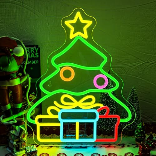 SIGNSHIP Christmas Tree Gifts Neon Schild Weihnachtsbaum Geschenke Led Schild Led Schriftzug mit Dimmbare Schalter Leuchtschilder für Wand Dekor Weihnachtsfeier Schlafzimmer Neujahr Party Geschäft