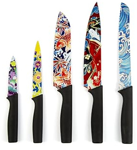 Excelsa Kimono Set 5 Coltelli da Cucina, Design Orientale, Manici Ergonomici Neri, Lame Decorate