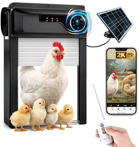 Automatic Chicken Coop Door Solar with Camera Remote Night Vision - Battery Powered Chicken Coop Door with Safety Mechanism for Predator Protection - Electric Gate Opener with Motion Sensor for Hens