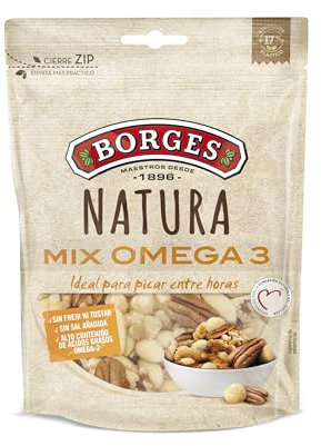 Borges - Cocktail de Nueces Crudas Omega 3 Natura Borges - Nueces en Grano, Pecana y de Macadamia - Alto contenido en Omega 3 y vitamina E, B6 y Calcio - Frutos Secos Sin Gluten - Paquete 100 gramos.