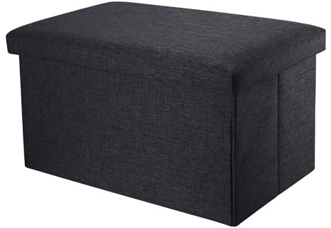 INTIRILIFE Faltbare Sitzbank 49x30x30cm in Diamant SCHWARZ - Sitzwürfel Stoff mit Stauraum und Deckel in Leinen Optik - Sitzcube Fußablage klappbare Aufbewahrungsbox Truhe Sitzhocker