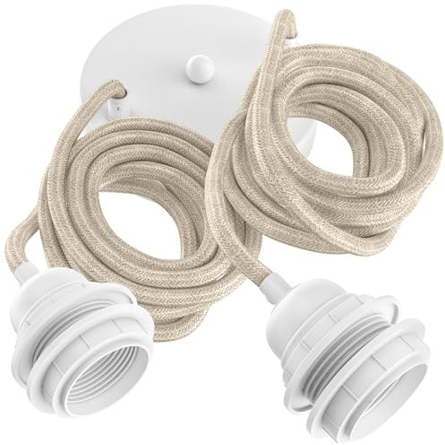 Hoopzi - Suspension Luminaire 2 Ampoules - 2,5m - Câble en Lin - Lustre pour Salon, Cuisine, Chambre - Modèle Hang 2 Lin Naturel Pavillon Blanc