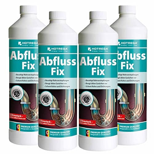 HOTREGA Abfluss Fix 4x 1 Liter Konzentrat | Abflussreiniger | Löst Haare, Fett, Seifenreste | Für Dusche, Spüle, WC, Badewanne, Urinal