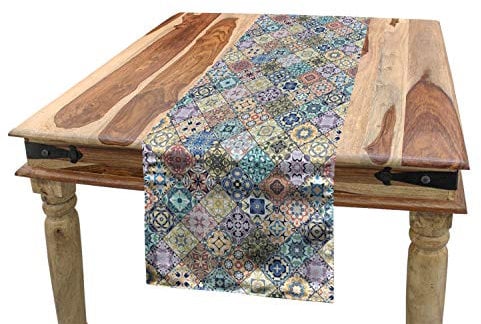ABAKUHAUS Patchwork Tischläufer, Folkloric Effect Tile, Esszimmer Küche Rechteckiger Dekorativer Tischläufer, 40 x 300 cm, Beige Teal Gelb