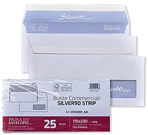 PAK.25 - Busta Commerciale Strip SILVER90 f.to 110x230 in carta uso mano FSC 90gr. Con finestra 40x100 - Pigna Envelopes