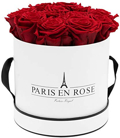 PARIS EN ROSE Rosenbox | mit 14 bordeaux-roten Infinity Rosen Größe XL | konservierte ewige Rose | runde Weiß-Schwarze Box | 3 Jahre haltbar | Grußkarte