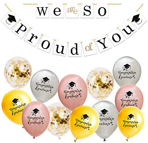 Abschluss Deko 2024 - We Are So Proud of You Girlande Abschluss Banner mit 12 Stück Glückwunsch Graduation Luftballons, Party Decoration für Graduierung Abschlussfeier (Roségold Silber Gold)